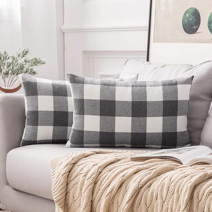 MIULEE Pack of 2 Classic Farmhouse Buffalo Check Plaids Polyester Linen Soft Solid Grey and White Decorative Throw Pillow Covers Home Decor Outdoor Cushion Case for Sofa Bedroom 12 x 20 Inch