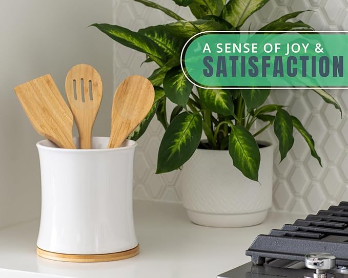 Comfify Large Ceramic Kitchen Utensil Holder with Bamboo Base - Modern Utensil Crock for Countertop Organization - Kitchen Counter Organizer for Cooking Tools, Spatulas, Spoons & More - White Ceramic