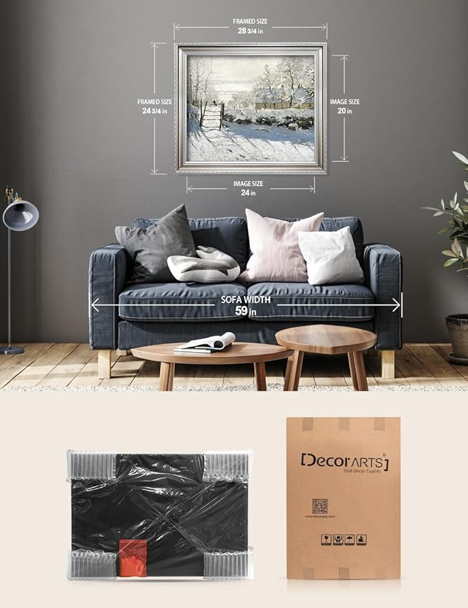 DECORARTS - Claude Monet The Magpie Giclee Print with Silver Solid Wood Frame, Impressionist Large Framed Wall Art, Ready to Hang, Framed Size28.75x24.75, Made in USA