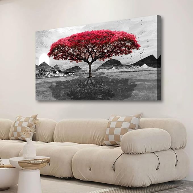 Red Tree of Life Canvas Wall Art for Living room Office Bedroom Black and White Scenery Wall Art Print Oil Paintings Modern Landscape Mountain Pictures Wall Decor Artwork Ready to Hang -20in * 40inch