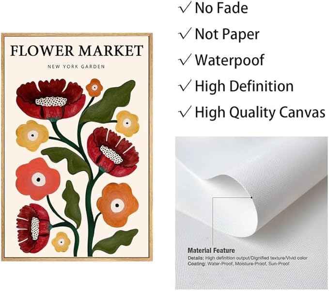 Gufro Framed Vintage Flower Market Canvas Wall Art - Botanical Prints for Living Room Bedroom Decoration - 12''x16'' Natural Framed