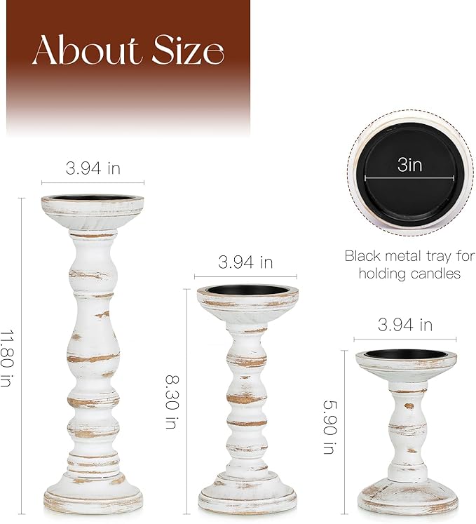 Wood Candle Holders for Pillar: Rustic Candles Holder Set of 3 Tall Table Centerpiece Decor Wooden White Farmhouse Decorations for Fireplace Mantle