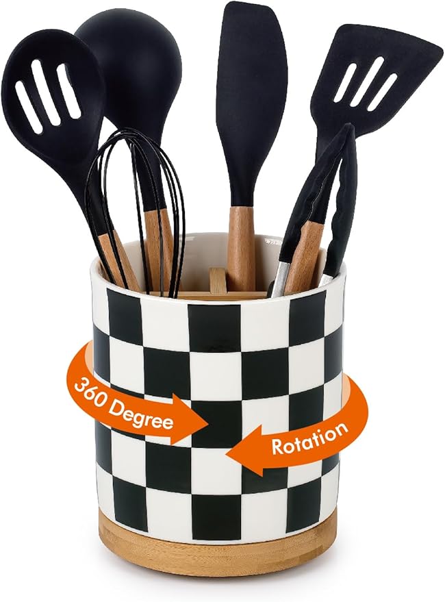 LoeJan 3 Compartment Utensil Holder, Extra Large Utensil Crock, Stable Ceramic Utensil Organizer, Cooking Tool Organizer Set for Kitchen Counter Farmhouse Decor (G-Black(Square))