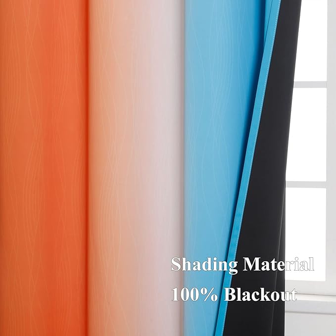 Thermal Insulated Blue and Orange Curtains for Living Room, Complete Light Blocking Ombre Blackout Curtains for Bedroom, Full Room Darkening Gradient Grommet Drapes for Boy Room, 52x84 Inch, 2 Panels