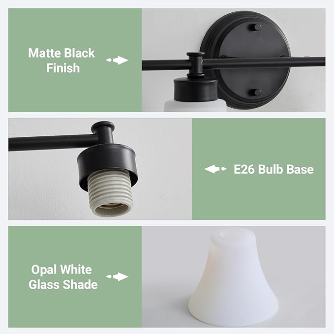 LOUSACE 4 Light Bathroom Vanity Light Matte Black Bathroom Lighting Fixtures Over Mirror with Opal White Frosted Glass Shade, Vintage Traditional Wall Lighting Fixture Vanity Lights for Bedroom