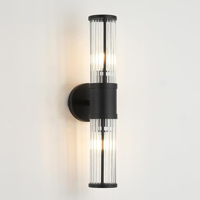 Bathroom Light Fixtures 2-Light Matte Black Bathroom Vanity Light Modern Wall Lights for Bedroom Bath Mirror Lights with Glass Rods Shades for Mirror Bedroom Hallway