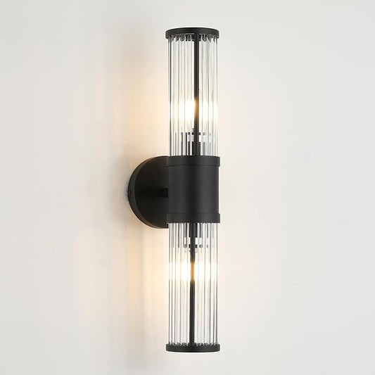 Bathroom Light Fixtures 2-Light Matte Black Bathroom Vanity Light Modern Wall Lights for Bedroom Bath Mirror Lights with Glass Rods Shades for Mirror Bedroom Hallway