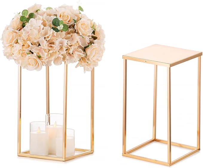 Sziqiqi Wedding Centerpieces Vase For Tables With Plates - 2 Pcs Metal Column Geometric Flower Stand 15.7in Gold Flower Display Rack Decorations For T-Stage Reception Party Fiesta Event Home Christmas