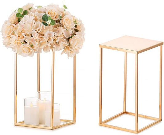 Sziqiqi Wedding Centerpieces Vase For Tables With Plates - 2 Pcs Metal Column Geometric Flower Stand 15.7in Gold Flower Display Rack Decorations For T-Stage Reception Party Fiesta Event Home Christmas