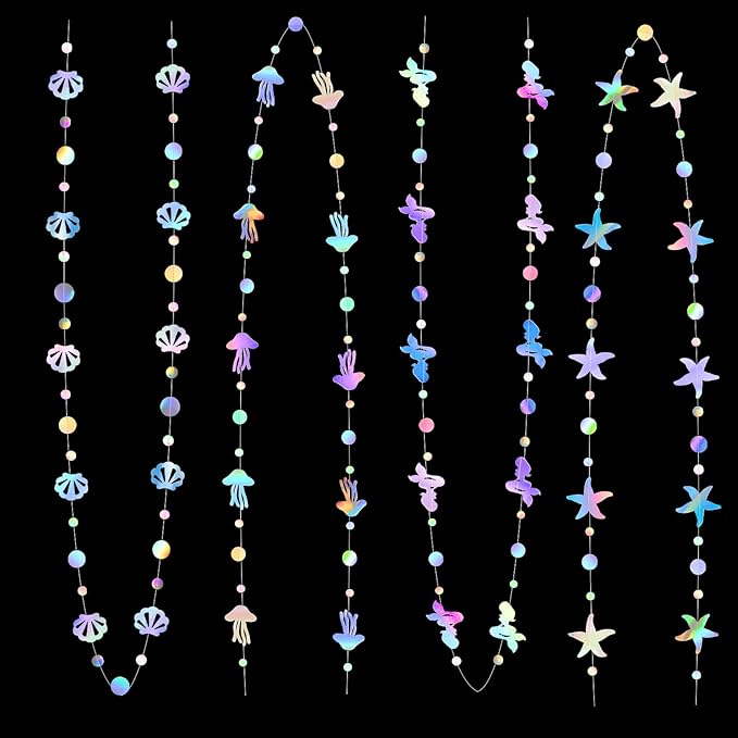 Iridescent Mermaid Birthday Party-Decorations Garland - 40FT Euphoria Under The Sea Jelly Fish Favors,Seashell Starfish Hanging Streamers Swirl,Little Mermaid Baby Shower Banner Decor Panduola