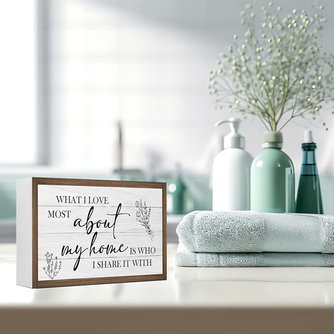What I Love Most About My Home Wooden Box Sign Decor,10.3 * 6 Inches,Rustic Wall Sign About Love Wood Block Sign for Home Farmhouse Living Room Bedroom Shelf Desk Tabletop Decor