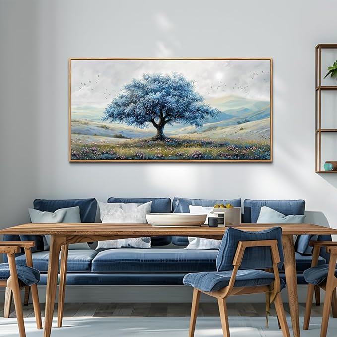 ZUITINGHUA Wood Framed Canvas Wall Art For Living Room Large Wall Decor For Office Bedroom Decorations Blue Tree Landscape Pictures Farmhouse Paintings Artwork Wall Mural Modern Home Decor 30x60 In