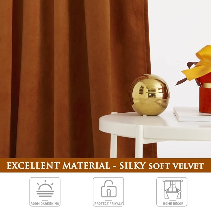 StangH Velvet Curtains for Sliding Door - Burnt Orange Blackout Drapes 96 inches, Luxury Back Tab Thermal Insulated Window Curtains for Living Room, W52 x L96, 2 Panels