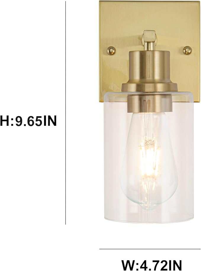 EMONG Gold Bathroom Light Fixtures,1-Lights Brushed Brass Vanity Light with Clear Glass Shade, Wall Sconces for Hallway, Farmhouse, Living Room