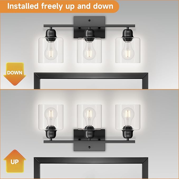 3 Light Bathroom Vanity Light, Matte Black Vanity Lights with Clear Glass for Bathroom Mirror Living Room Bedroom Hallway E26 Base