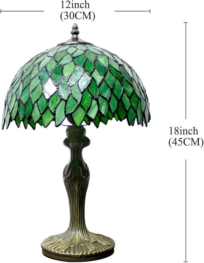 WERFACTORY Tiffany Table Lamp Green Wisteria Style Stained Glass Desk Bedside Reading Light 12X12X18 Inches Decor Bedroom Living Room Home Office S523 Series