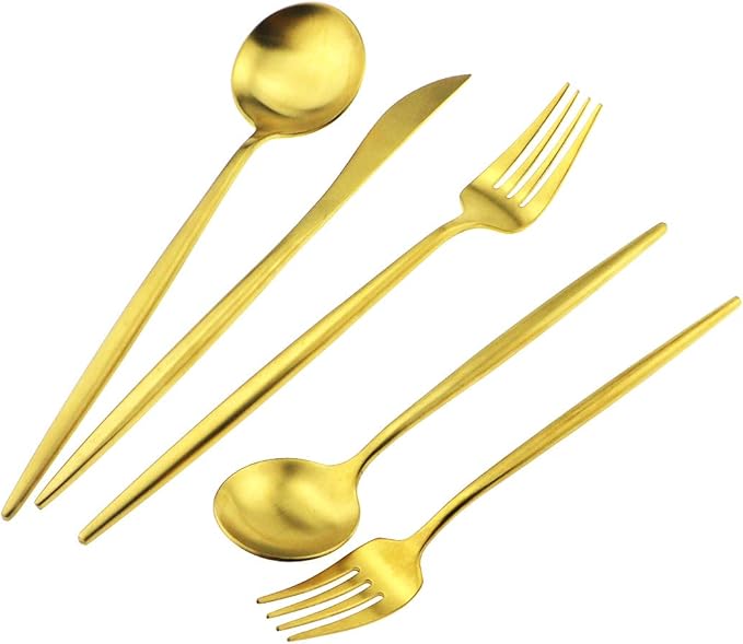 Gugrida Gold Flatware, Royal 20 Piece Luxury Matte Finish 18/10 Stainless Steel Tableware Sets for 4 Including Forks Spoons Knives, Camping Silverware Travel Utensils Set Cutlery (Gold)