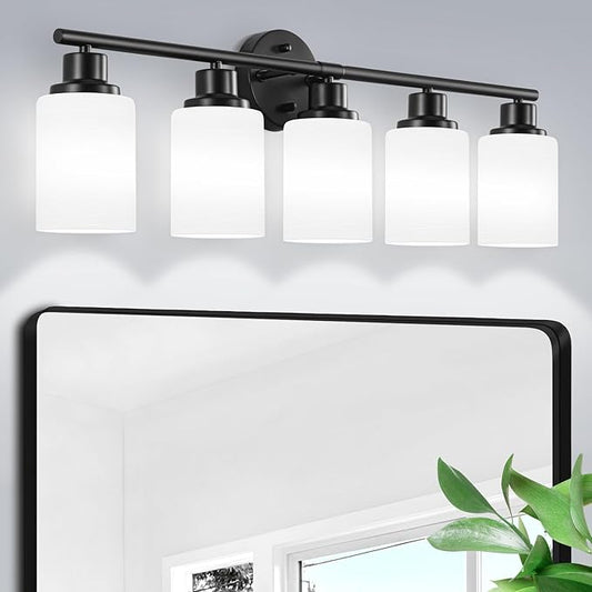 5-Light Matte Black Vanity Lights, Bathroom Light Fixtures with Milky White Frosted Striped Glass Shade, Modern Bathroom Lighting Fixtures Over Mirror Wall Sconce Light - E26 Base