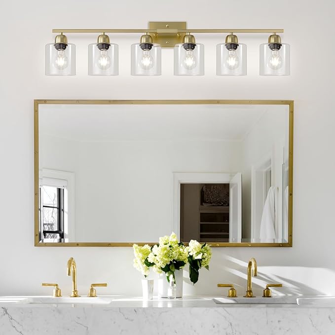 6 Light Gold Bathroom Vanity Light, Gold Vanity Lights for Bathroom with Clear Glass, 38 inch Wall Lamp for Oversized Mirrors Living Room Bedroom Hallway E26 Base