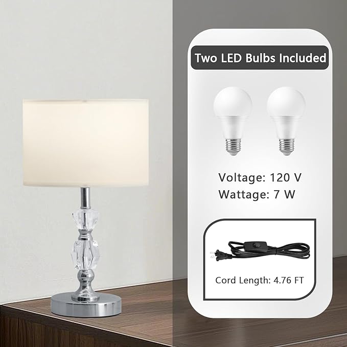 Crystal Table Lamps Set of 2, 3-Color Dimmable Modern Nightstand Lamp for Living Room/Bedroom/Entryway and Other Rooms, Led Bulb Included