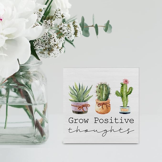Country Grow Positive Thoughts Wood Box Sign Decor for Desk - Plant Lovers Cactus Wooden Block - Summer Rustic Home Shelf Wall Decoration