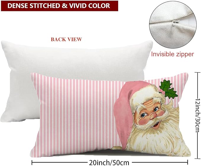 Nostalgic Santa Pillow Cover - 12X20 Inch Merry Christmas Pink Striped Throw Pillow Covers Santa Claus Pillowcase Xmas Pillow Cushion for Farmhouse Decor