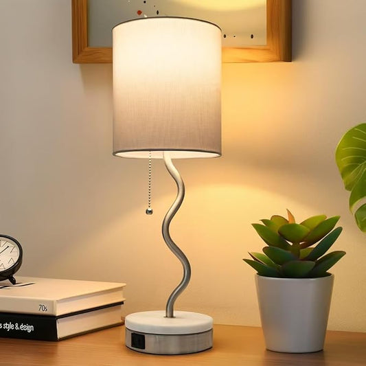 Marble Base Table Lamp - Modern Bedside Lamp with USB Port & Pull Chain, Lamp for Bedroom, Living Room, or Office - Elegant Marble and Metal Design