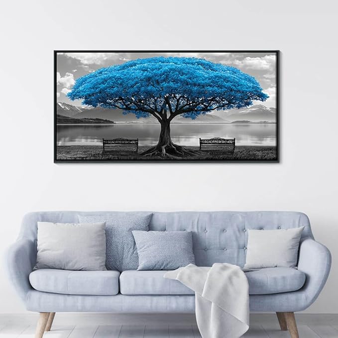 Blue Tree Framed Canvas Wall Art for Living Room Large Size Wall Decor For Bedroom Black And White Wall Pictures Lake Scenery Wall Painting Office Decor Room Home Decoration Black Framed 20X40IN