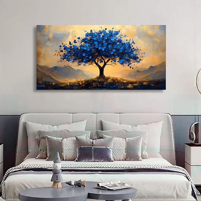 Tree of Life Pictures Canvas Wall Art for Living room Office Bedroom Wall Decor,Ginkgo Tree Wall Art Print Paintings Modern Autumn Blue Scenery Artwork Waterproof Ready to Hang-20x40inch