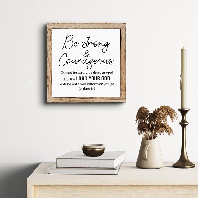 Scripture Be Strong and Courageous Wooden Plaque Box Sign, Inspirational Wood Art, Christian Home Decor for Living Room, Motivational Desk Gift