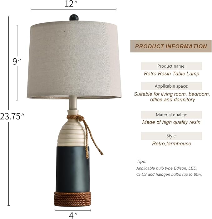 OYEARS 23.75" Table Lamp for Bedroom, Bedside Table Lamp for Living Room, Farmhouse Lamp for Nightstand, Modern Coastal Nautical Lamp Decor, Ocean Beach Style, Navy Blue