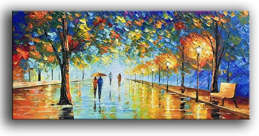 Tyed Art- Contemporary Landscape Art oil painting canvas rainy night street scene hand-painted acrylic frame wall art modern canvas painting living room bedroom office decoration Painting 24x48inch