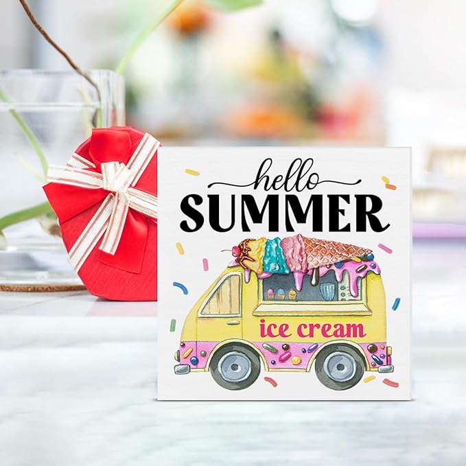 Hello Summer Decor Ice Cream Wood Block Sign Summer Decorations for Home Kitchen 5 x 5 Inches