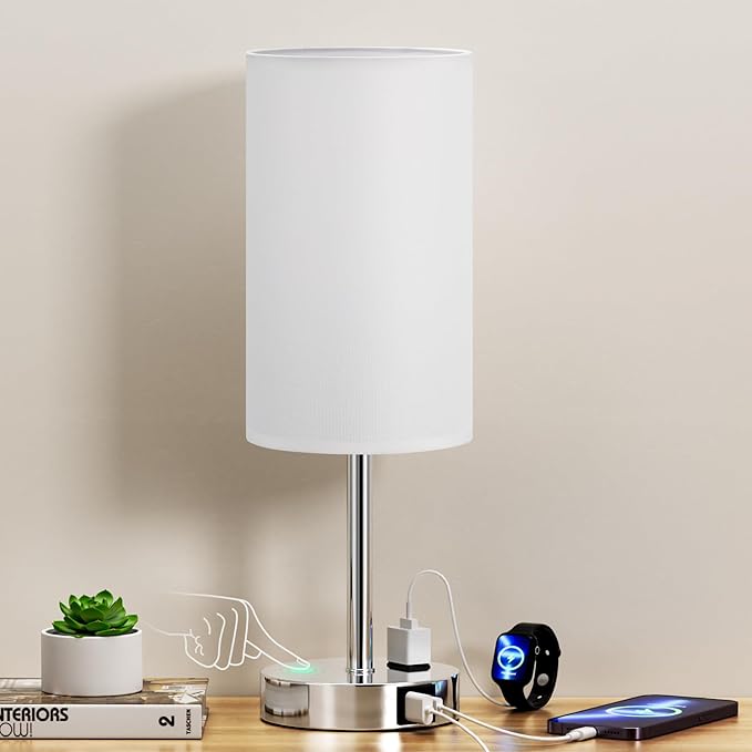 17.4Inch Bedside Touch Table Lamps for Bedroom - Tall Nightstand Lamp with USB-C USB-A Charging Ports White - 3 Way Dimmable Small Desk Lamp for Office, Dorm Room, Living Room, Reading