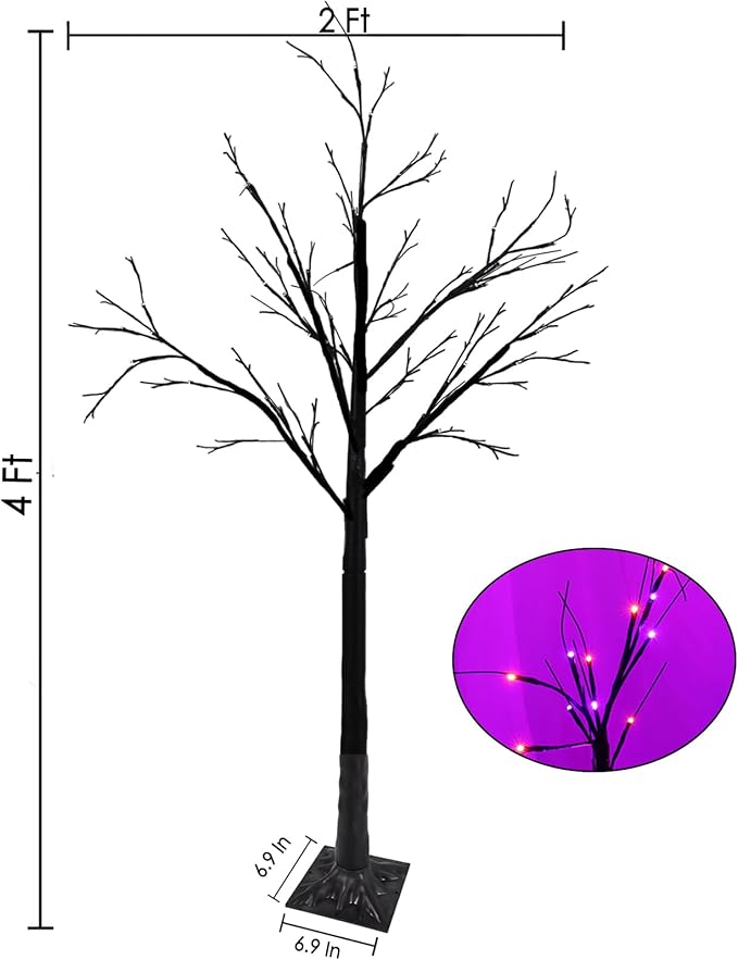 2-Pack 4FT Lighted Black Halloween Tree with 96 LED Orange & Purple Lights (Higher Size & Floor Standing), Halloween Decorations Spooky Tree for Indoor & Outdoor, Home Holiday Party Garden Lawns Decor