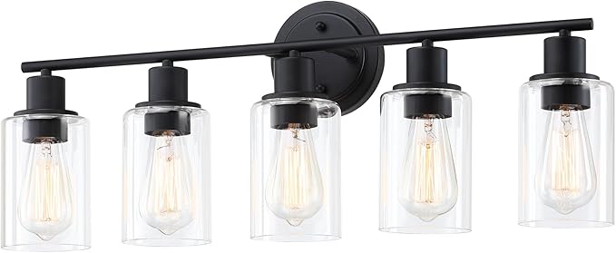 5-Light Black Bathroom Vanity Light Fixture Over Mirror - 5 Bulb Black Wall Sconce for Bathroom Bedroom Hallway Wall Mount Fixture Over Kitchen Sink