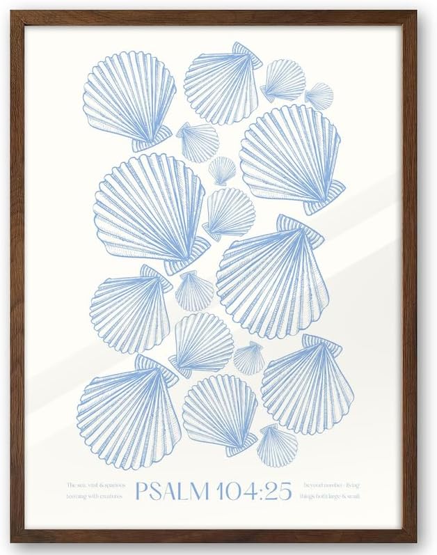 EcoHest Christian Bible Verse Framed Wall Art, 12x16 in Walnut Color OAK Wood Seashell Nautical Scripture Quote Canvas Wall Art, Psalm 104:25 Home Decor, Beige Logs 1Pack for Bedroom Living Room