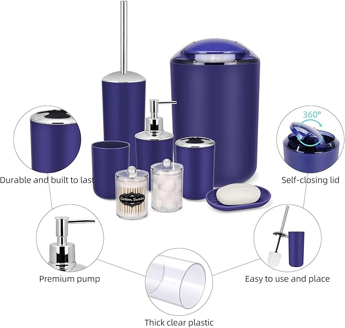 IMAVO Bathroom Accessories Set,Blue Bathroom Set,9 Pieces Bathroom Accessory Set,Tray,Qtip Holders,Toilet Brush,Trash Can for Bathroom Décor and Home Gifts