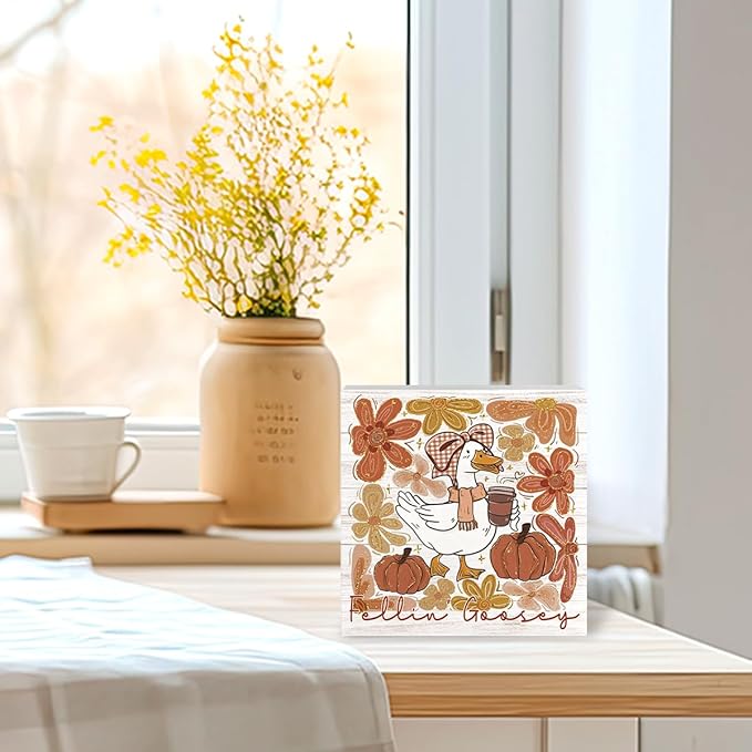 Feelin Goosey Fall Decorations for Home Office Funny Silly Goose Fall Decor, Autumn Pumpkin Goose Bow Decorations for House Gifts for Animals Lovers 5 x 5 inches (Tub 1701)