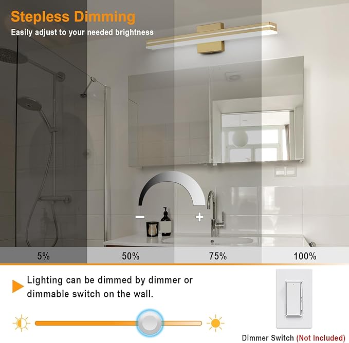 SineRise LED Modern Bathroom Vanity Light Fixtures (24-Inch, 3000K/4000K/6000K, Dimmable), Gold Modern Acrylic Bathroom Wall Lighting Fixtures Over Mirror