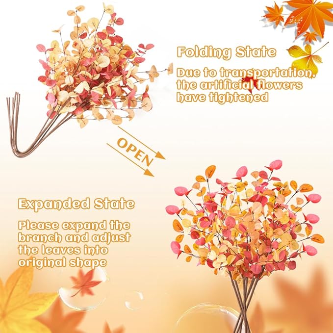6Pcs Fall Artificial Flowers 27.6’’ Orange Autumn Eucalyptus Stems for Table Centerpieces Faux Eucalyptus Leaves Branches for Thanksgiving Floral Arrangements Home Party Decoration