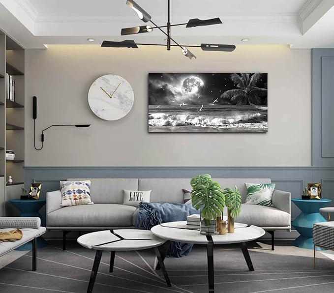 Yxbhhym large Black and White Wall Art Beach Canvas Print Art Moon Ocean Pictures Sea Paintings Seascape Poster Landscape Palm Artwork for Wall Art Living Room Home Decoration Framed-24x48inches
