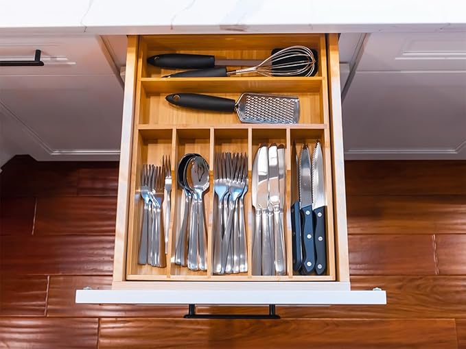 Umilife Kitchen Drawer Organizer, 12.5 Inch Silverware Utensil Tray Holder, Extra Deep, with Non-Slip Feet & Grooved Drawer Divider, 7 Slots Total Bamboo Wood Caddy for Flatware Cutlery Knives