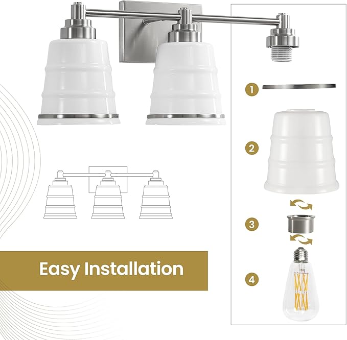 Brushed Nickel Bathroom Vanity Light Fixture, 3 Light Bathroom Light Fixtures Over Mirror with Milky Glass, Hardwired Modern Vanity Light for Bathroom(Exclude E26 Bulb)