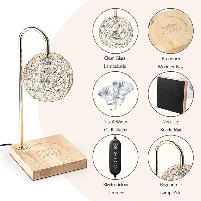 Candle Warmer Lamp with Timer, Round Diamond Home Decor Gifts for Mom Women, Gold Diamond Lamp, Western Bedroom Accessories, Birthday Gifts for Women, Wax Warmer for Jar Candles