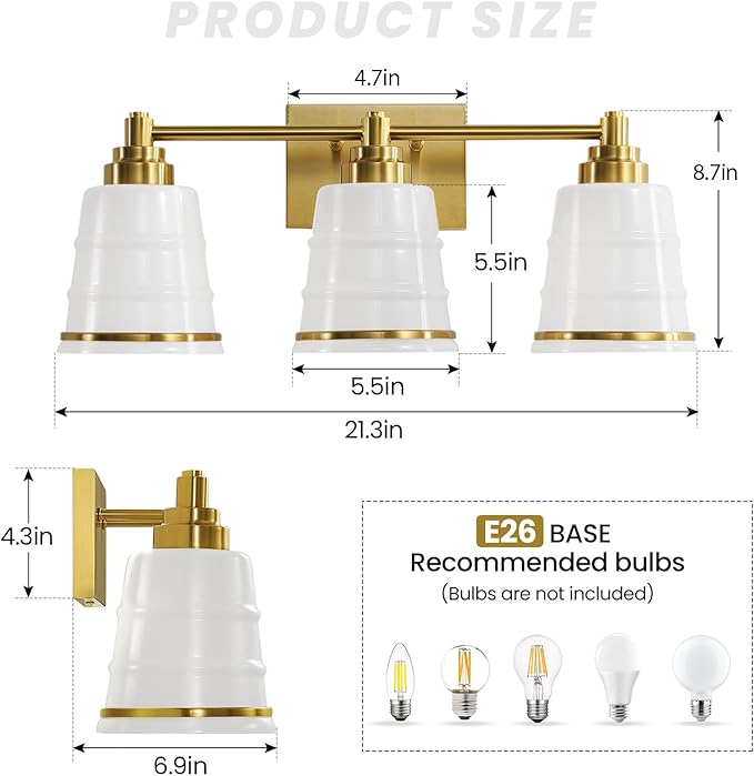 Gold Bathroom Vanity Light Fixture, 3 Light Bathroom Light Fixtures Over Mirror with Milky White Glass and Metal Base Wall Sconce, 21.3inch Modern Vanity Light for Bathroom(Exclude E26 Bulb)