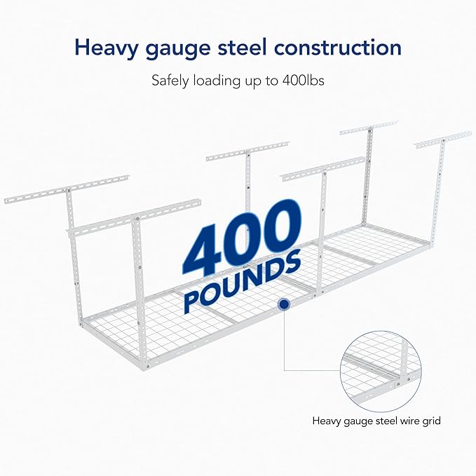 FLEXIMOUNTS 2x8 Overhead Garage Storage Rack,Adjustable Storage Organization System,Heavy Duty Metal Garage Ceiling Storage Racks,400lbs Weight Capacity,White
