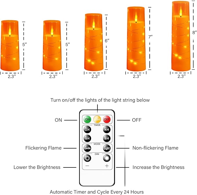 Flameless LED Candles with Timer 5 Pc Flickering Flameless Candles for Romantic Ambiance and Home Decoration Stable Acrylic Shell,with Embedded Star String,Battery Operated Candles(Orange)