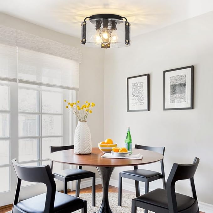 TOULMJ 15'' Semi Flush Mount Ceiling Light, Black Morden Hallway Light Fixture 3-Light Ceiling Light Fixture with Seeded Glass Shade for Dining Room Hallway Entryway Bedroom Laundry Room