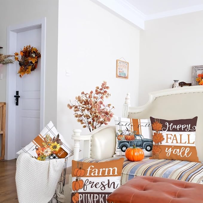 GEEORY Fall Pillow Covers 18 x 18 Inch Set of 4, Happy Fall Y'all Stripes Pumpkins Mason Jar Thankful Decor, Cushion Cases for Farmhouse Home Party Sofa Couch (Brown) G355-18